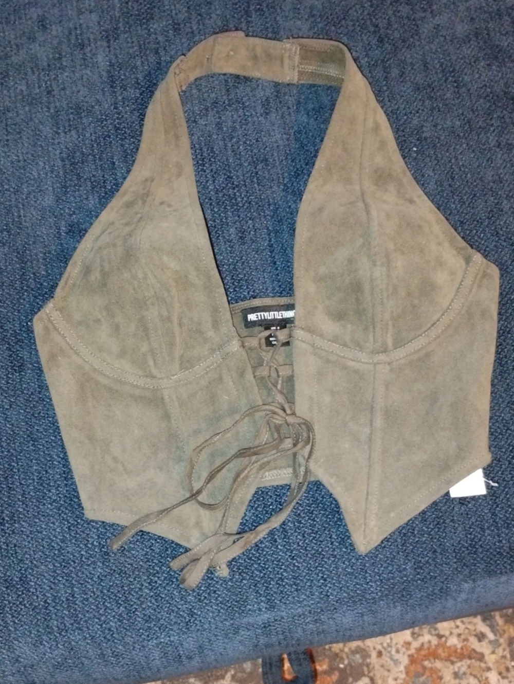 PrettyLittleThing Olive Suede Lace-Up Halter Crop